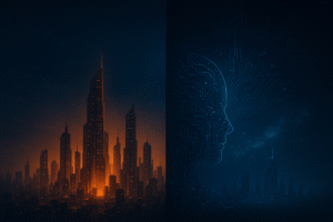 Futuristic city merging human civilization with artificial intelligence, symbolizing humanity’s race against AI dominance.