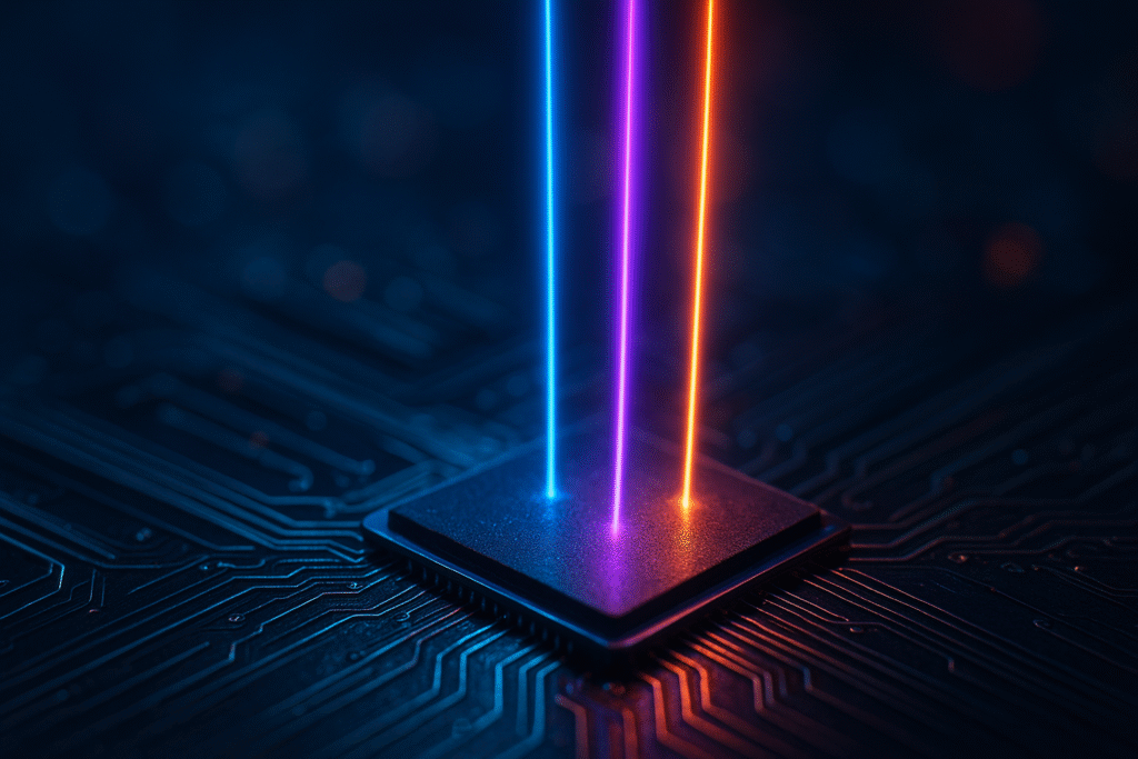 Close-up of a photonic circuit with neon laser beams symbolizing AI computation