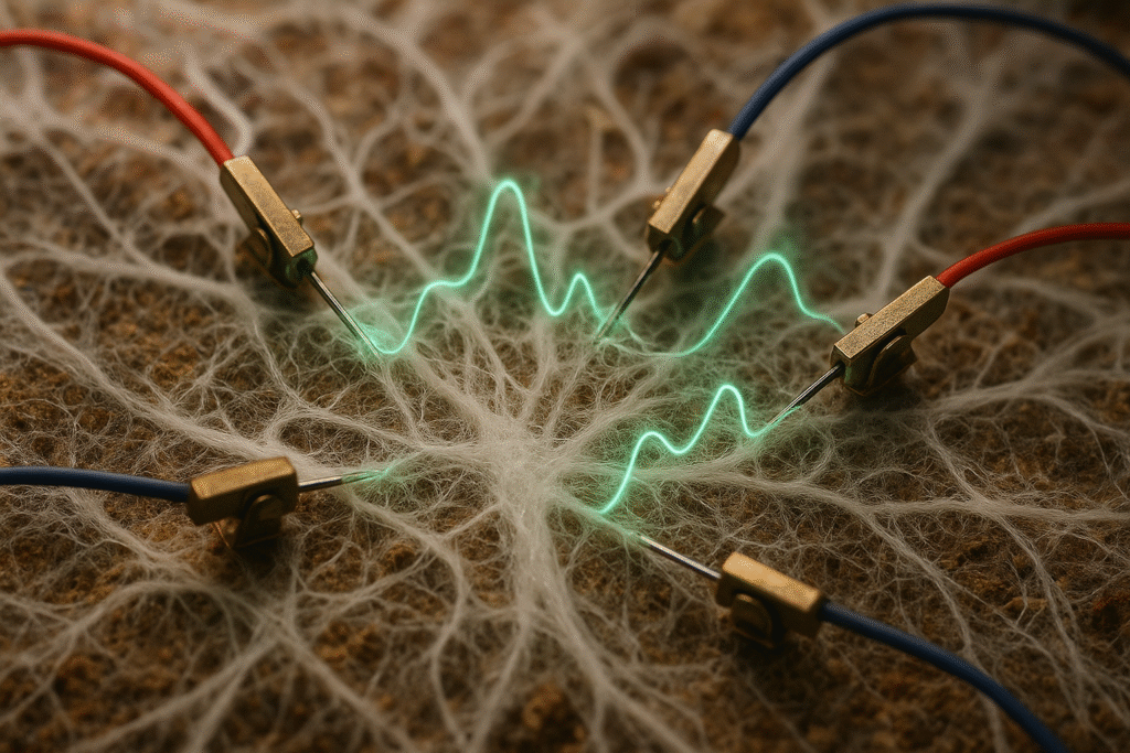 Mycelium fungal threads with electrodes inserted for electrical conductivity testing