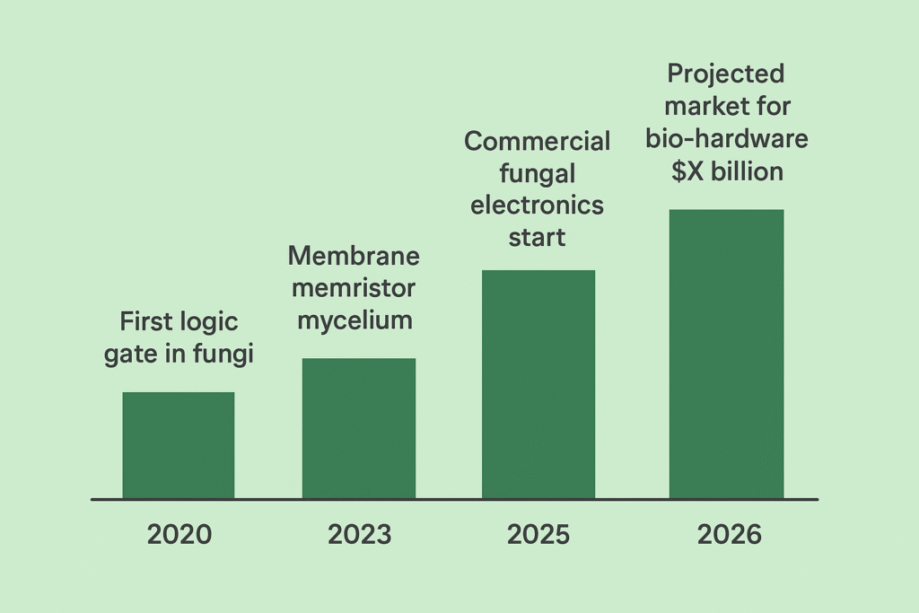 Timeline chart showing key milestones in fungal computing hardware development