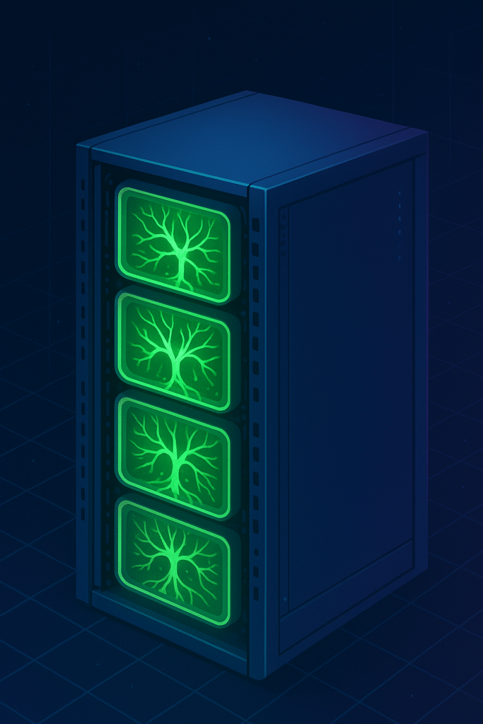 Futuristic server rack where fungal modules replace traditional silicon processors