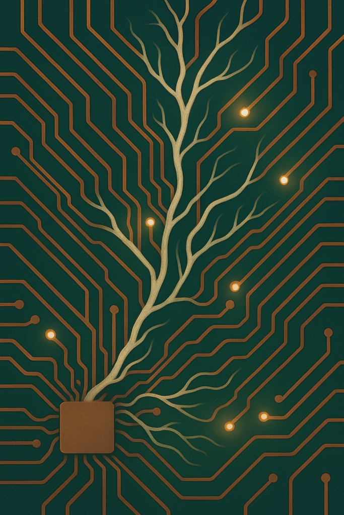 Concept board showing fungal mycelium weaving through circuit traces and glowing lightly