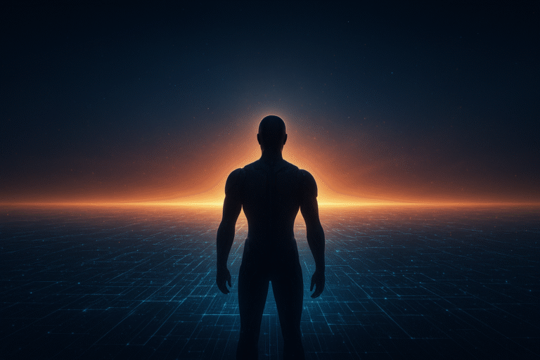 Humanoid AI figure facing a digital sunrise representing AGI evolution.