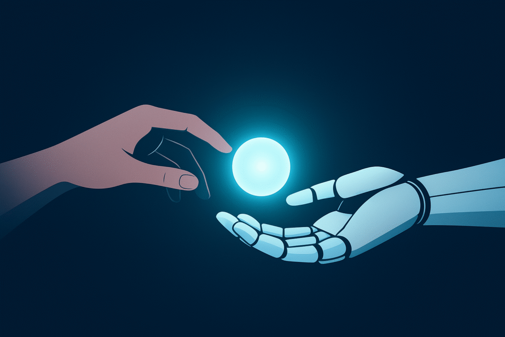 Human and AI collaboration symbolizing humanist superintelligence.