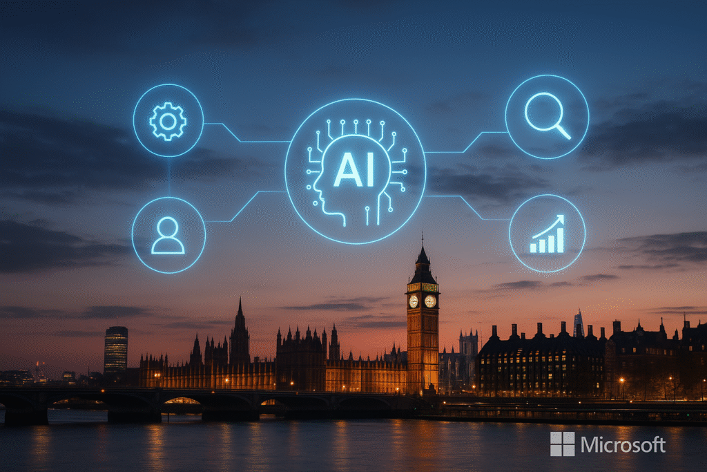 London skyline with holographic AI agent icons and Microsoft NVIDIA logos