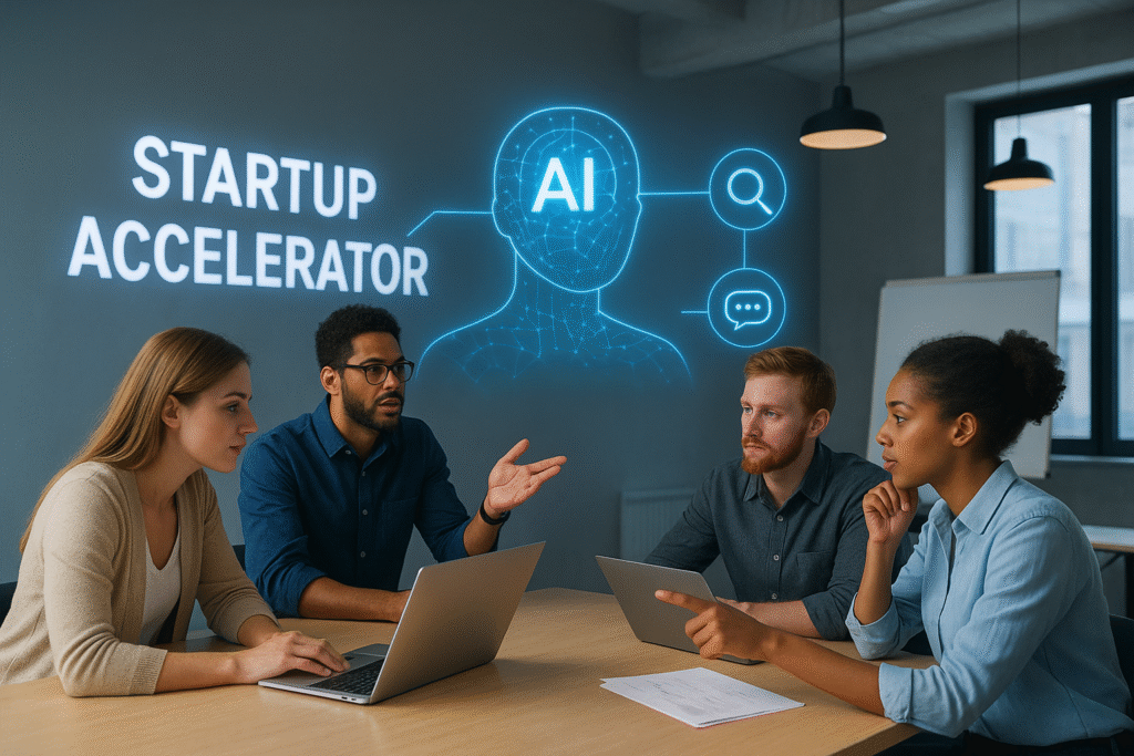 UK startup team working on agentic AI models in accelerator workspace