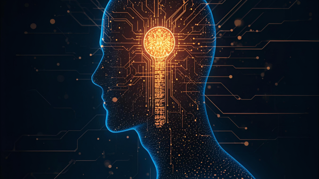 Futuristic visualization of Microsoft’s humanist superintelligence merging human and AI intelligence.