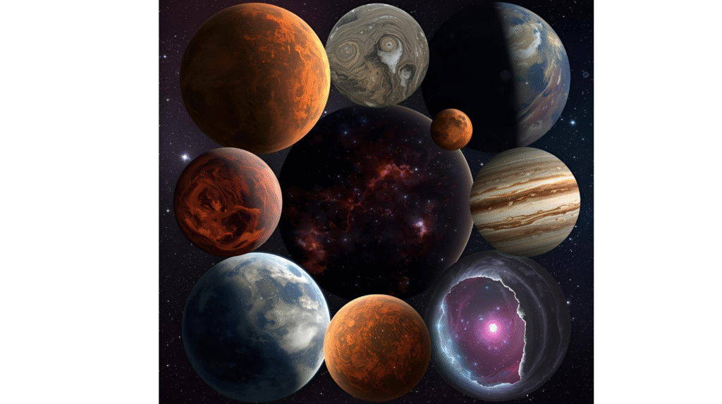 Collage illustrating diverse exoplanets discovered by NASA