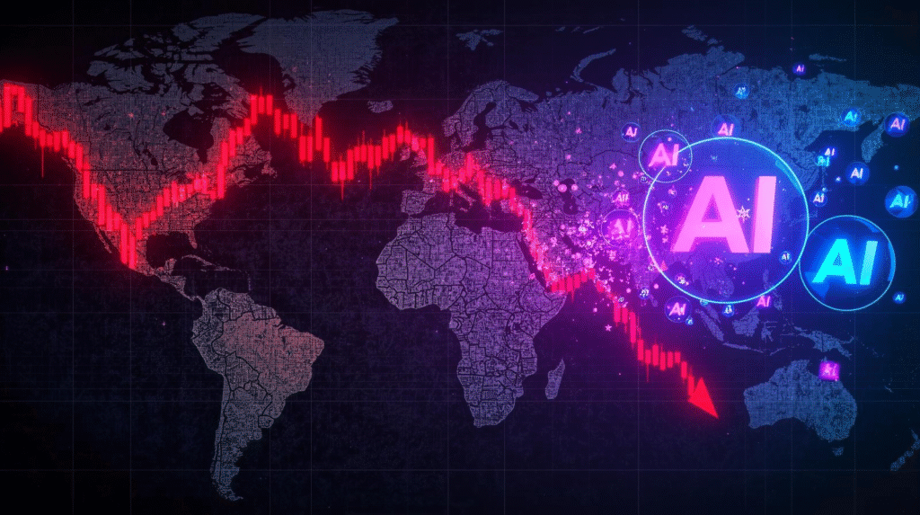 A world map overlaid with red stock market charts and glowing AI icons, representing a global AI bubble panic