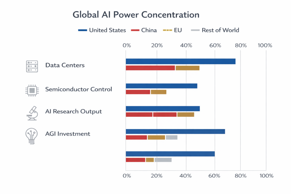 Global AI power concentration across nations in the AGI arms race