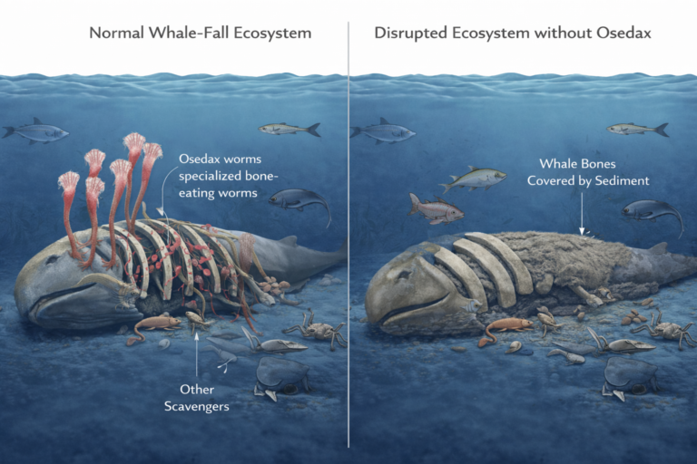 Diagram showing collapse of whale-fall ecosystem without zombie worms