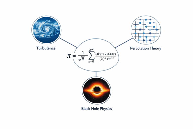 Applications of Ramanujan pi formula in turbulence, percolation, and black hole research