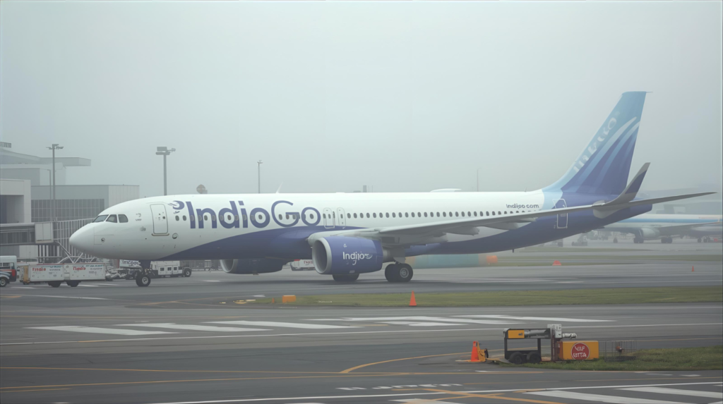 airplane grounded at airport with cancelled flights board and stressed passengers, representing IndiGo flight disruption due to DGCA FDTL rule and pilot shortage