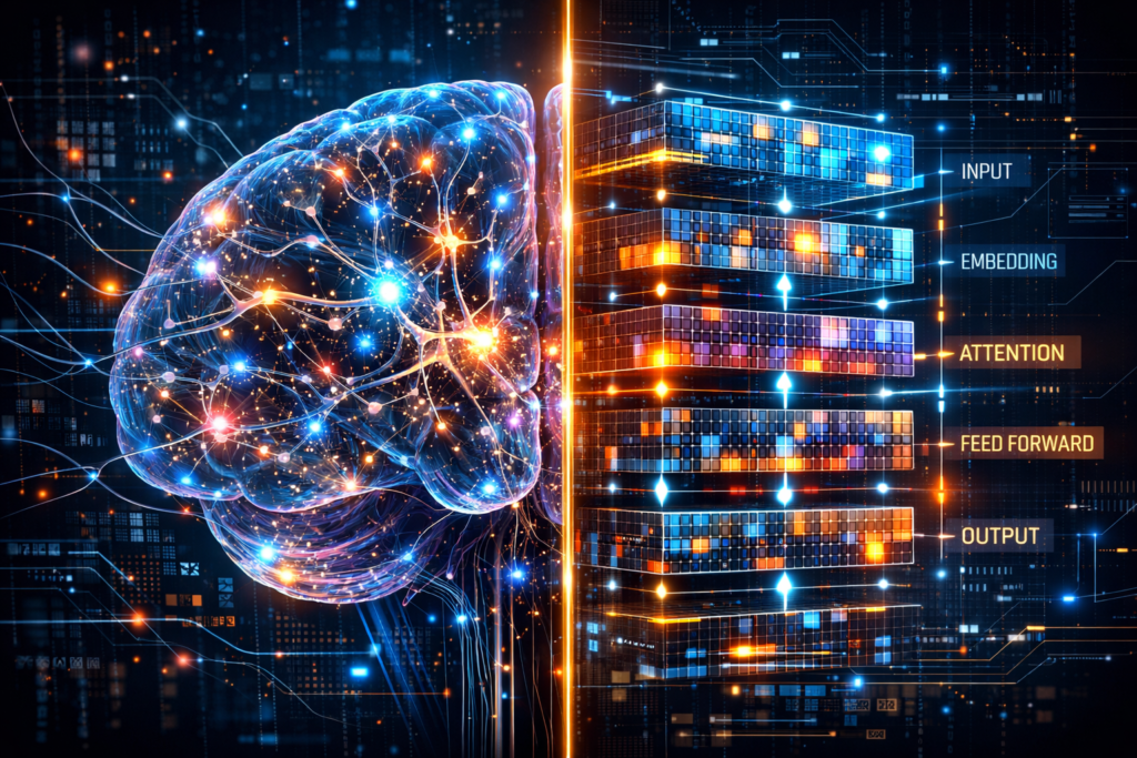 Visualization showing human brain language regions aligned with AI neural network layers