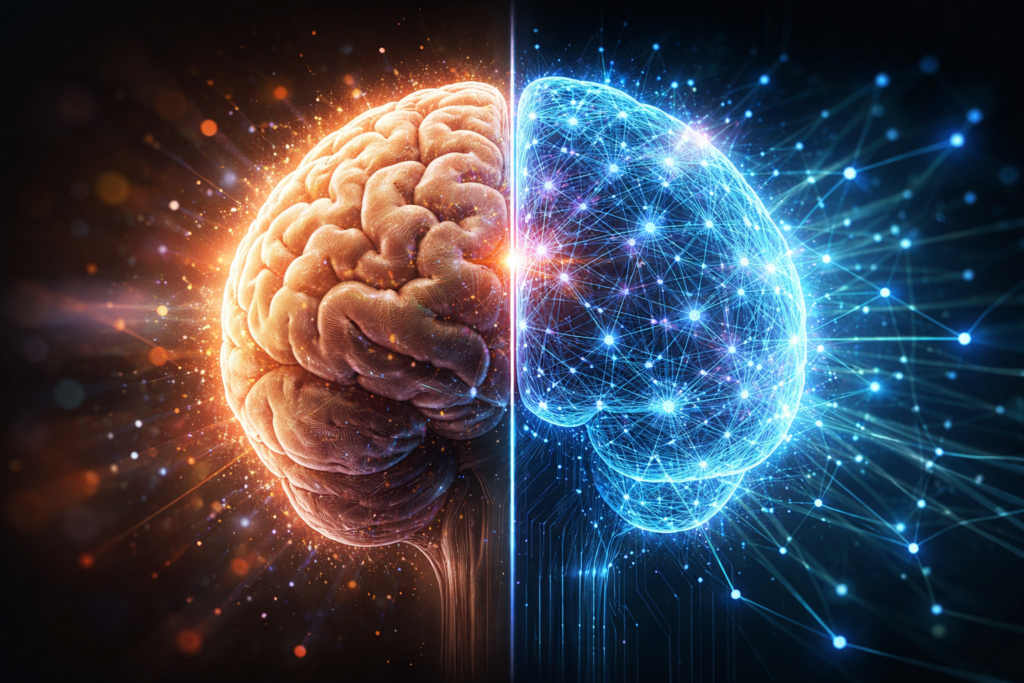 AI vs human creativity comparison showing human brain and neural networks
