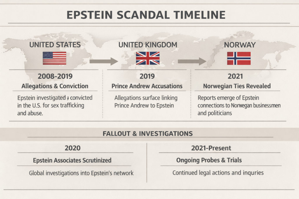Timeline showing Epstein scandal expanding from US investigations to Europe