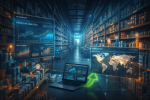 AI in FMCG industry showing automation, predictive analytics, smart supply chain and retail data dashboards