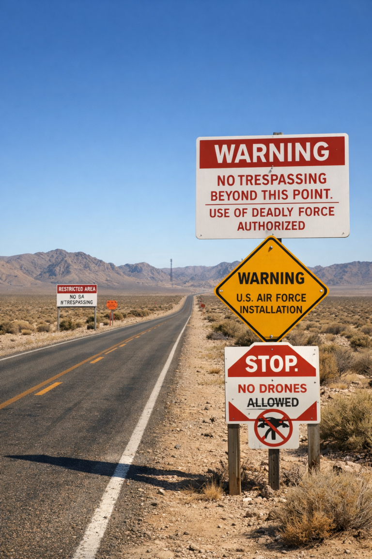 Desert highway sign near Area 51 in Nevada