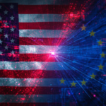 US and European Union flags overlaid with digital code and internet network graphics symbolizing tech regulation conflict 2026