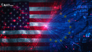 US and European Union flags overlaid with digital code and internet network graphics symbolizing tech regulation conflict 2026