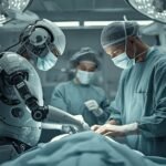 AI-assisted surgery showing robotic systems in a hospital operating room