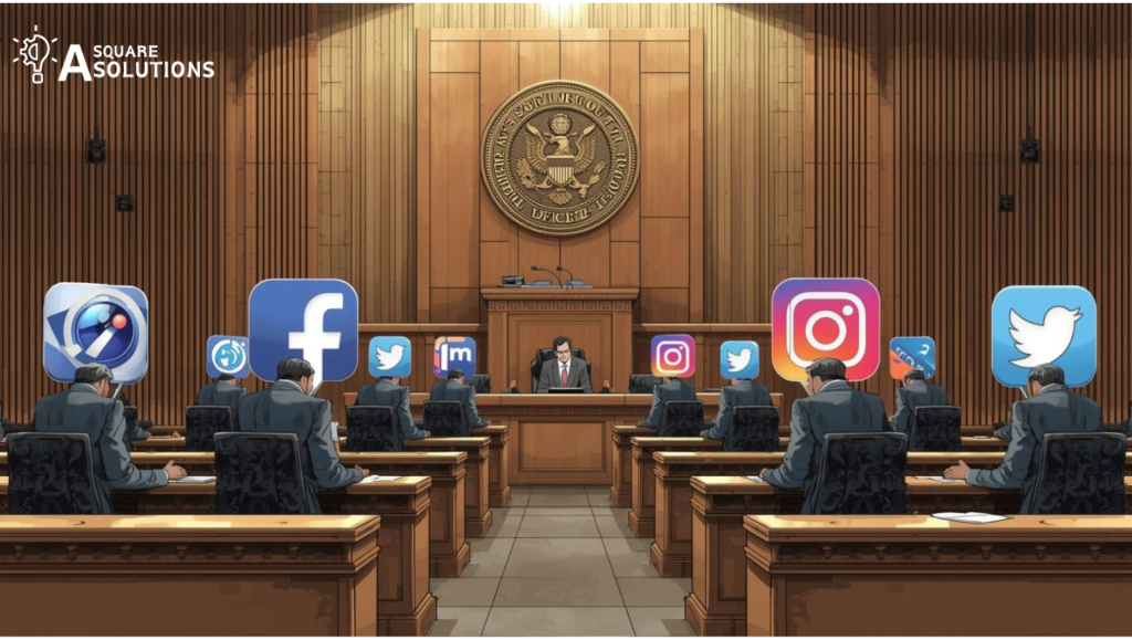 Courtroom illustration showing social media apps on trial for addiction