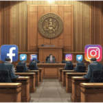 Courtroom illustration showing social media apps on trial for addiction