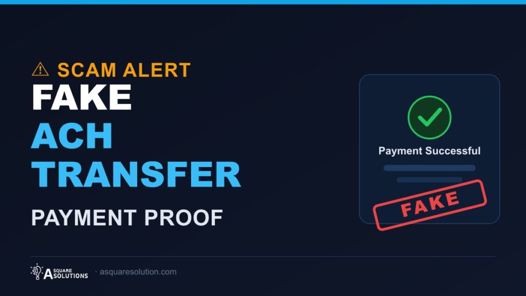 Warning graphic showing a fake ACH transfer proof used in a scam