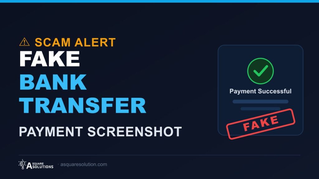 Warning graphic showing a fake bank transfer screenshot used in a scam