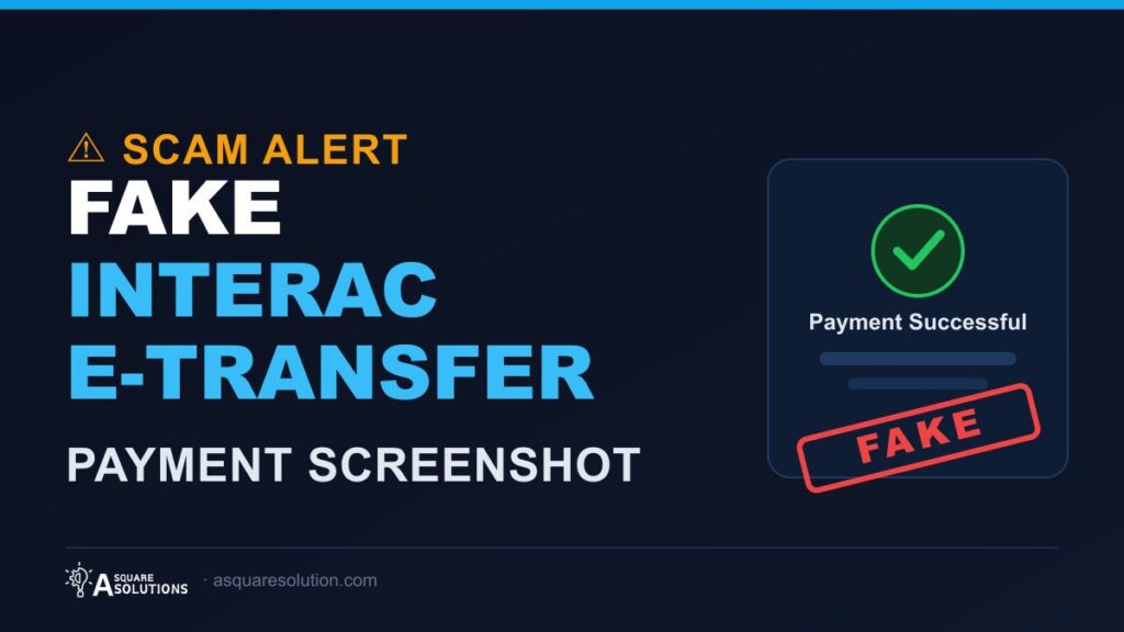 Warning graphic showing a fake Interac e-Transfer screenshot used in a scam