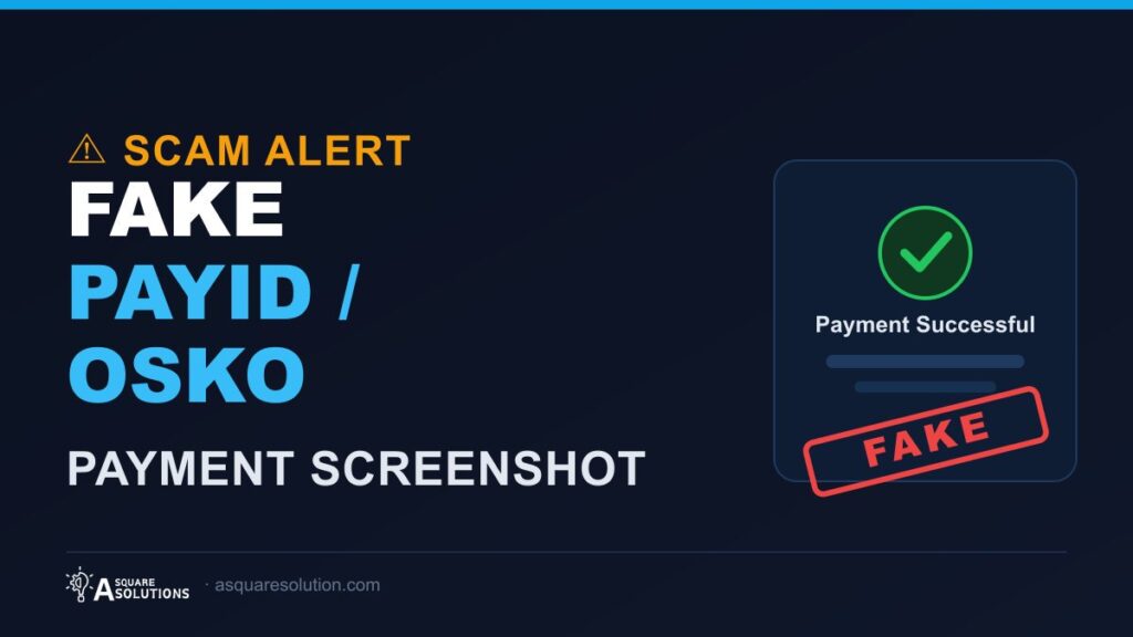 Warning graphic showing a fake PayID payment screenshot used in a scam