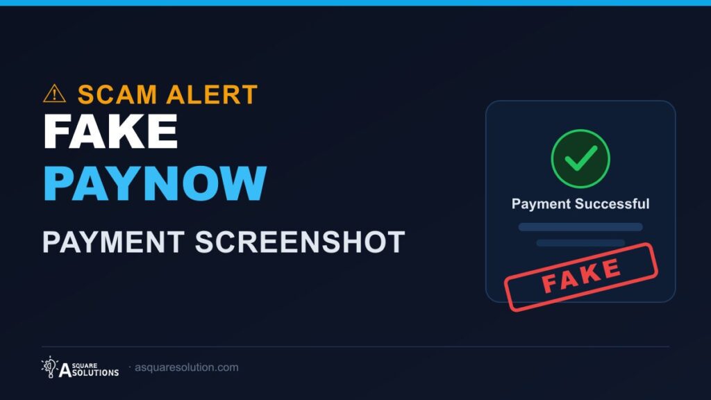 Warning graphic showing a fake PayNow payment screenshot used in a scam