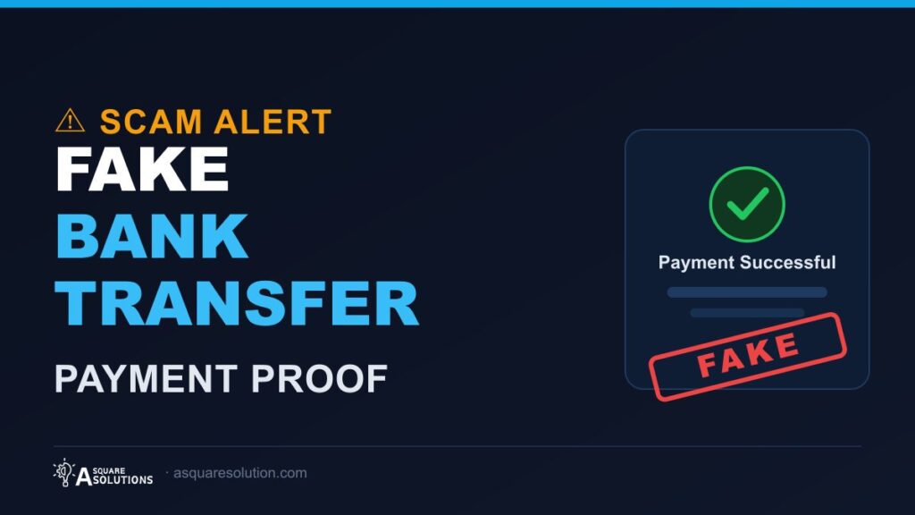 Warning graphic showing a fake proof of bank transfer used in a scam