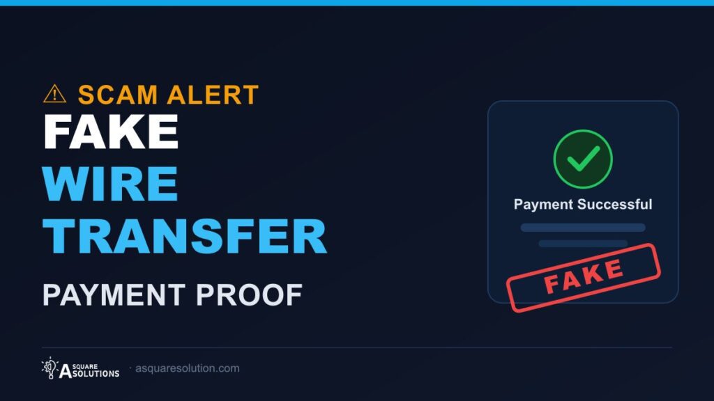 Warning graphic showing a fake wire transfer proof used in a scam