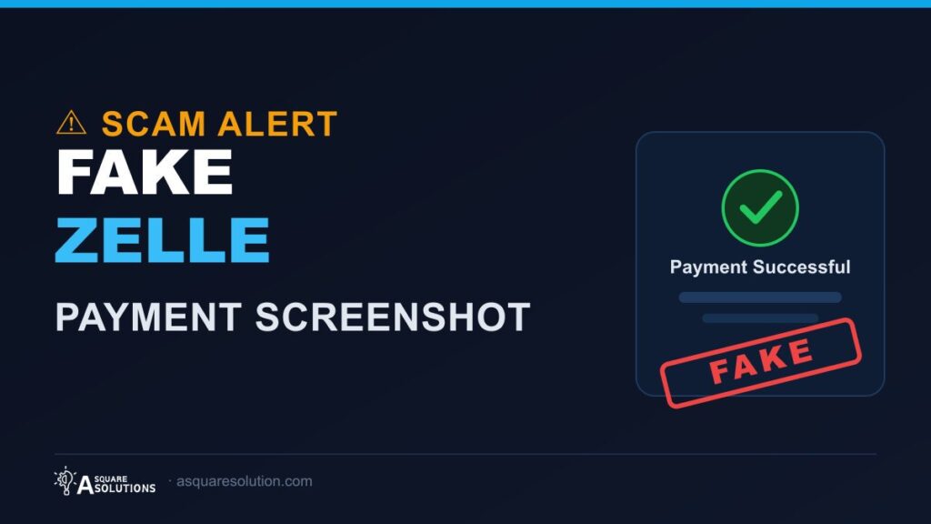Warning graphic showing a fake Zelle payment screenshot used in a scam