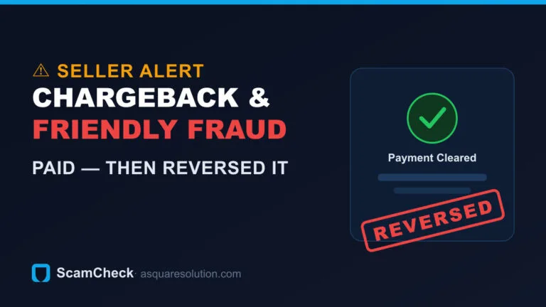 Warning graphic about chargeback and friendly-fraud scams targeting online sellers