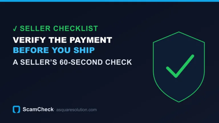 Seller checklist graphic: verify a payment is real before shipping to avoid fake-payment scams