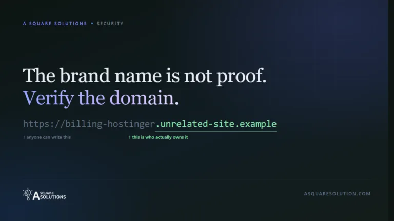 Editorial graphic showing a web address split in two, with the brand-name prefix greyed out and the actual registered domain highlighted, above the words "The brand name is not proof. Verify the domain."