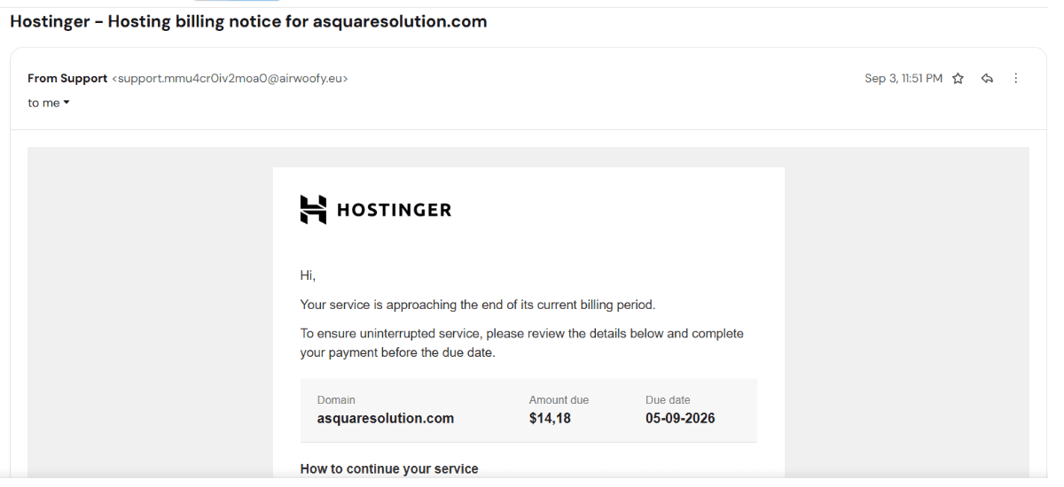 Hostinger-branded billing email received 3 September, sent from an unrelated .eu domain, requesting $14,18 with a due date of 05-09-2026