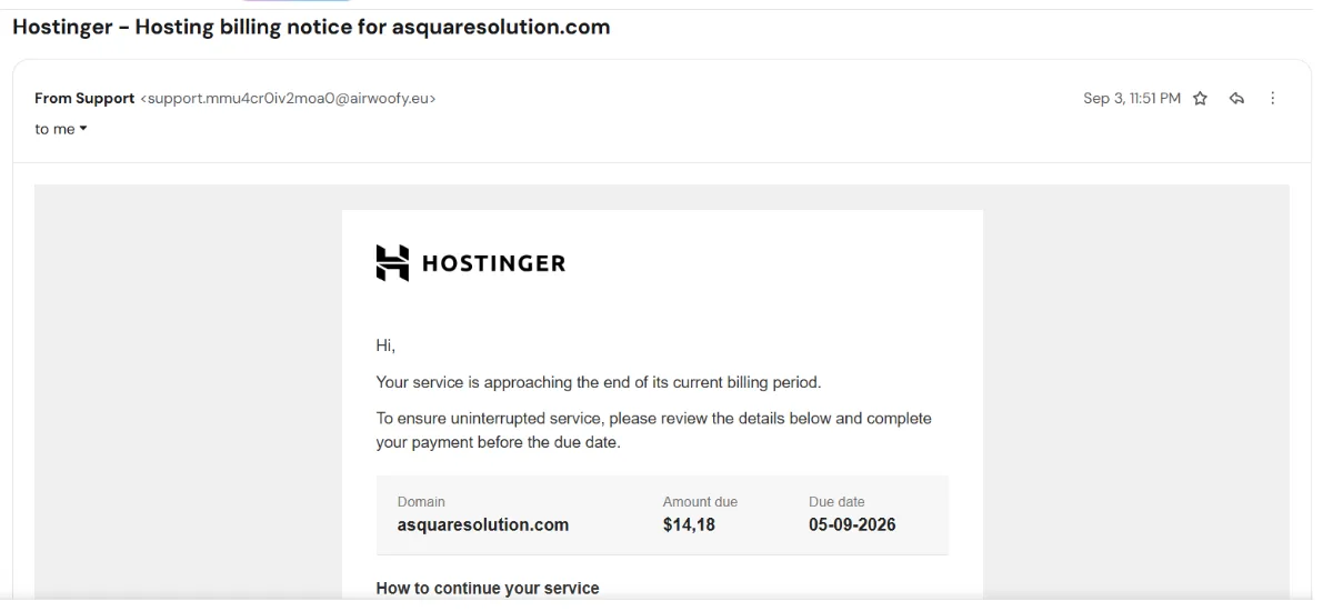 Hostinger-branded billing email received 3 September, sent from an unrelated .eu domain, requesting $14,18 with a due date of 05-09-2026