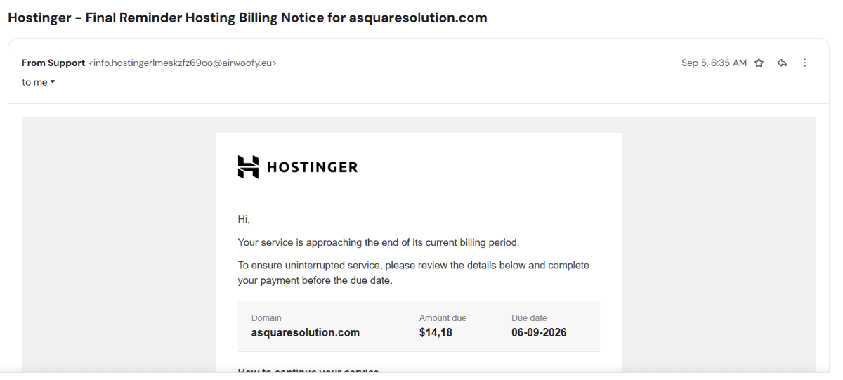 Second Hostinger-branded email headed "Final Reminder", showing an amount of $14,18 and an imminent billing date.