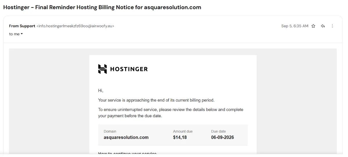 Second Hostinger-branded email headed "Final Reminder", showing an amount of $14,18 and an imminent billing date.
