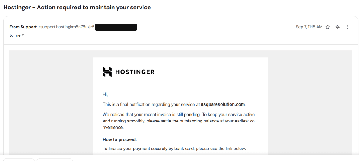 Third Hostinger-branded email headed "Action required to maintain your service", with the sender domain redacted and the words "at your earliest co nvenience" broken mid-word