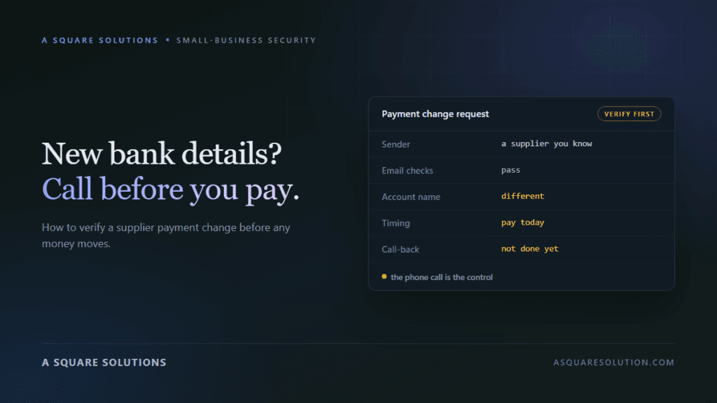 Editorial graphic of a payment change request card where the email checks pass but the account name is different and no call-back has been made, beside the headline New bank details? Call before you pay.