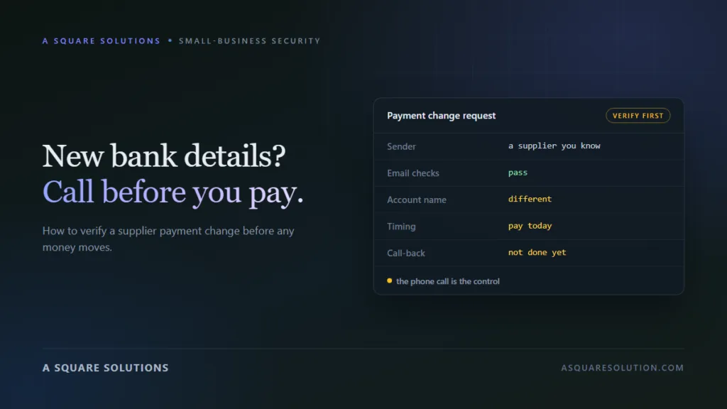 Editorial graphic of a payment change request card where the email checks pass but the account name is different and no call-back has been made, beside the headline New bank details? Call before you pay.
