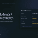 Editorial graphic of a payment change request card where the email checks pass but the account name is different and no call-back has been made, beside the headline New bank details? Call before you pay.