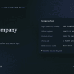 Editorial graphic of a company check card listing legal name, official register, domain record, phone call and bank account name, beside the headline Is this company legit?