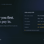 Editorial graphic of a job-offer checklist card where the first payout is real but a deposit is required to withdraw, beside the headline They pay you first. Then you pay in.