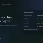 Editorial graphic of a job-offer checklist card where the first payout is real but a deposit is required to withdraw, beside the headline They pay you first. Then you pay in.